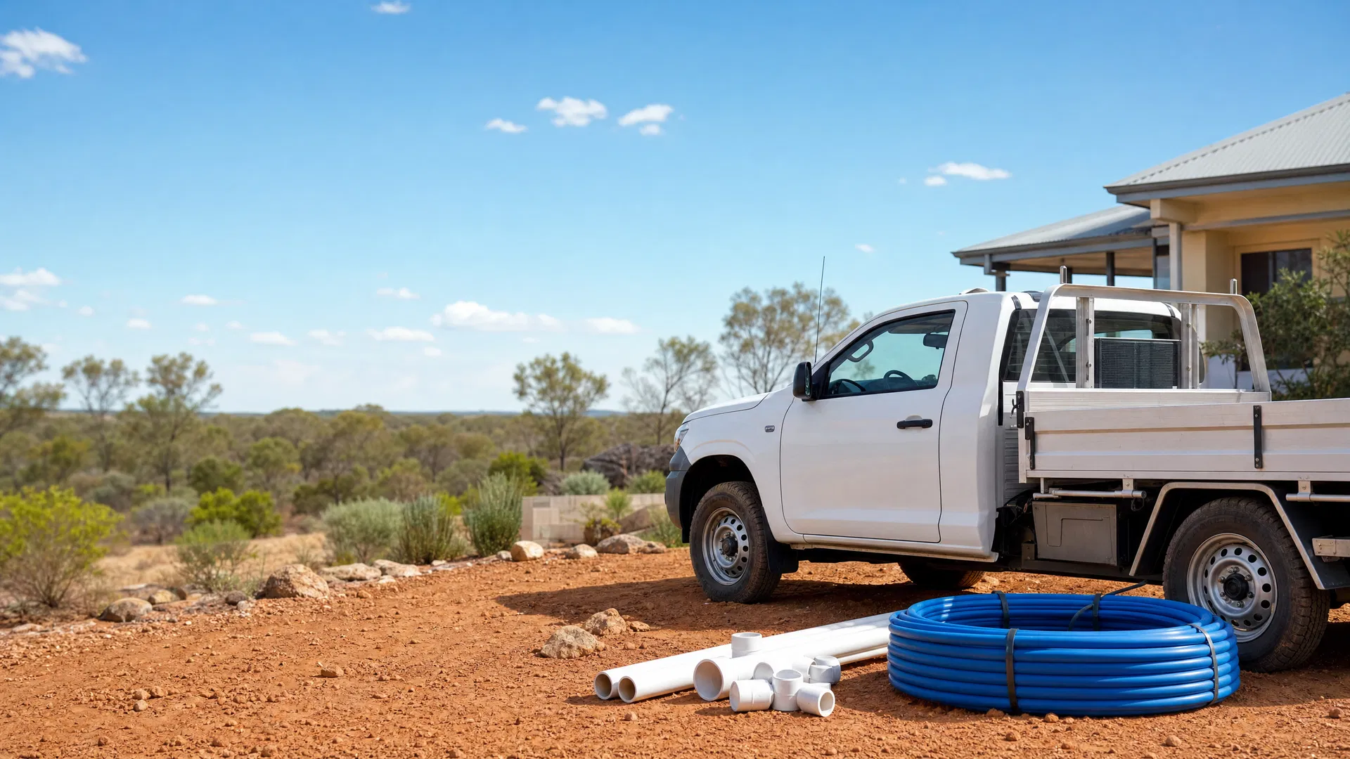 White work ute parked at a Goldfields worksite with PVC and blue poly pipe ready to be laid