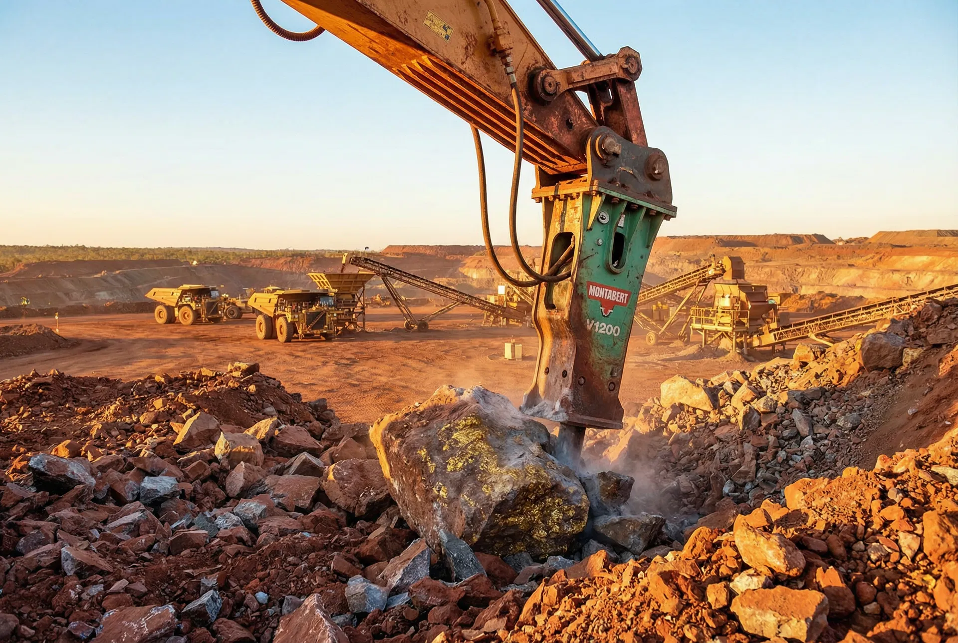 Hydraulic rock breaker on excavator arm at mine site