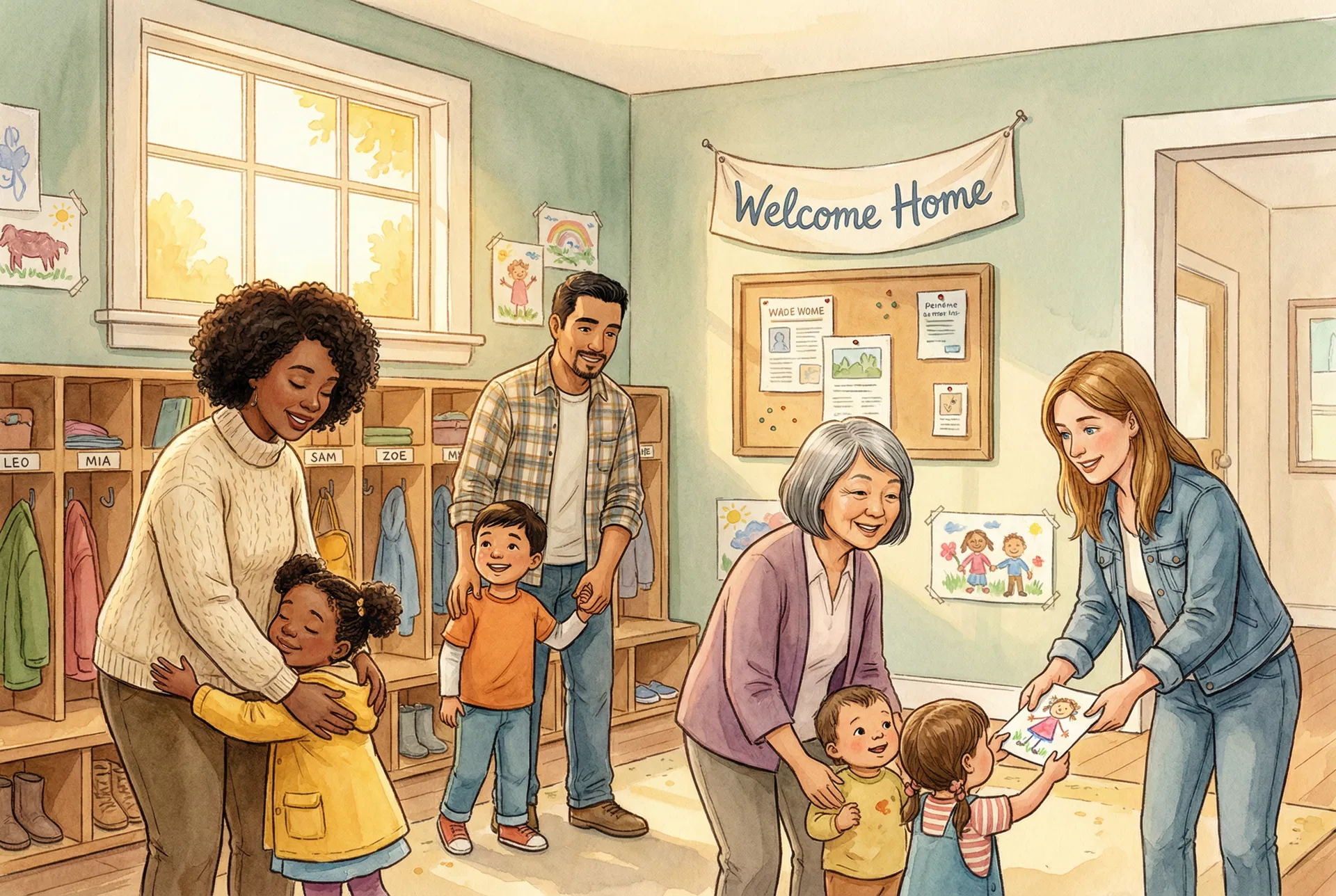 A caring staff member helping a parent with enrollment paperwork in a warm, welcoming office