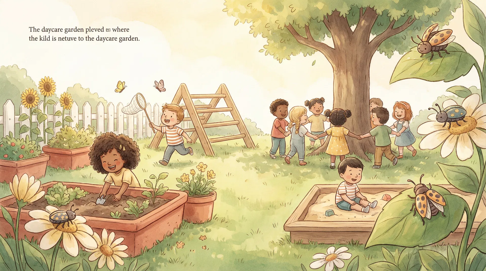 Children playing joyfully together in a sunny daycare garden