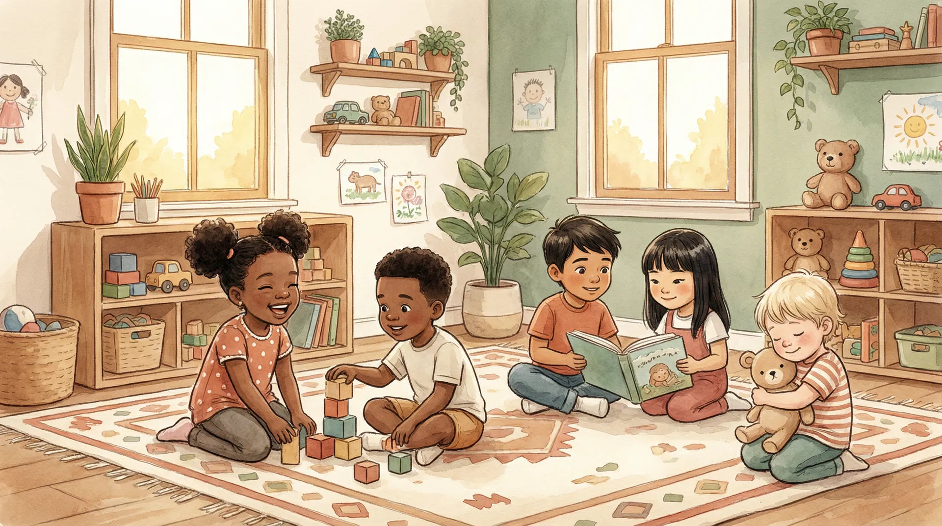 Children playing and learning together in a warm, inclusive daycare environment