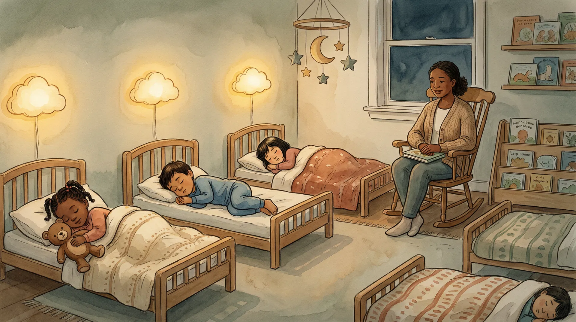 Peaceful overnight care environment with children sleeping safely