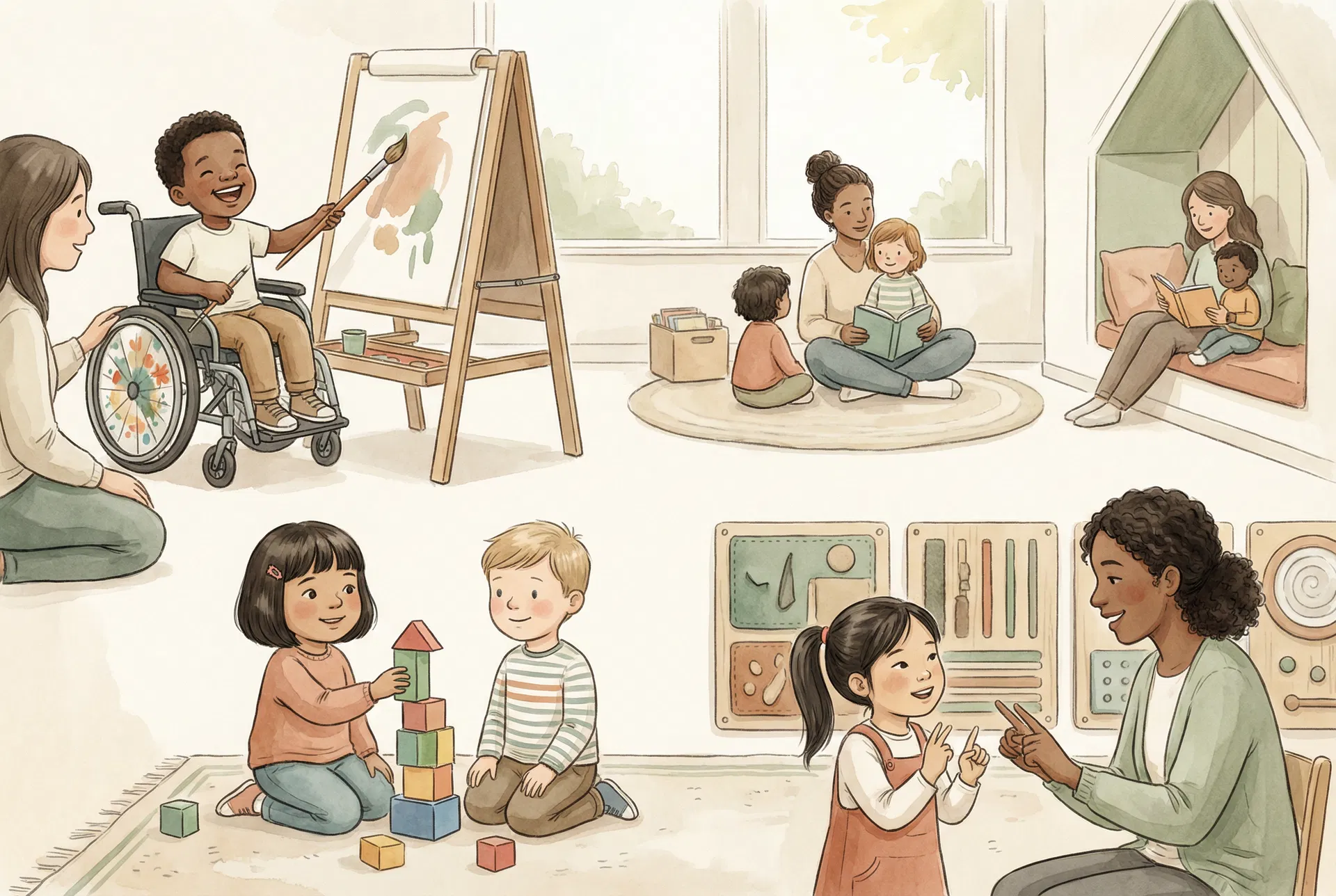 A caregiver working gently one-on-one with a child in a calm, sensory-friendly room