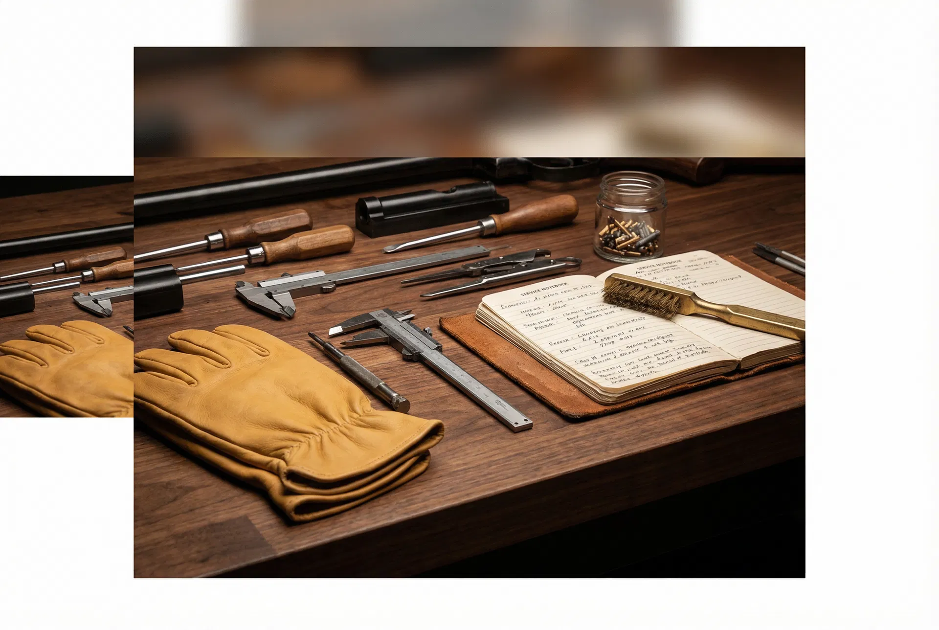 Interior del taller de armería con banco de trabajo y herramientas especializadas