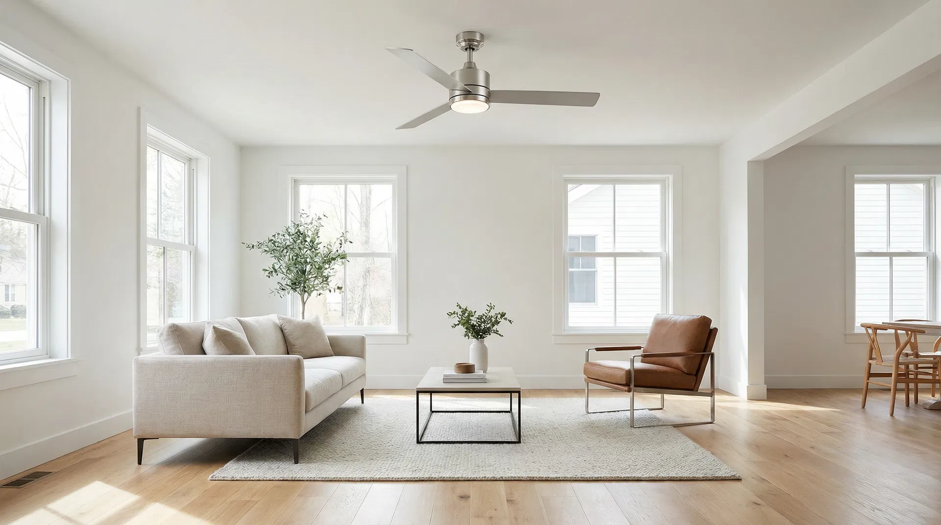Professional ceiling fan installation in living room