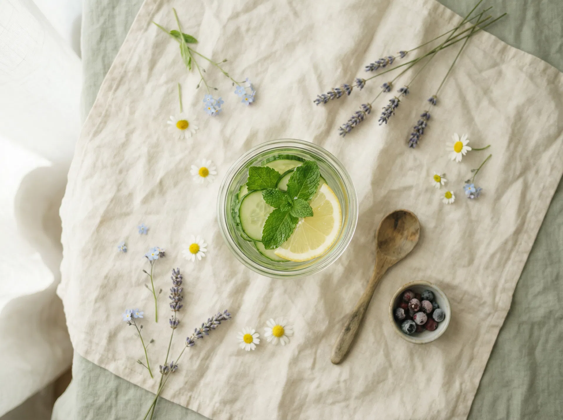 Clean infused water with herbs and flowers