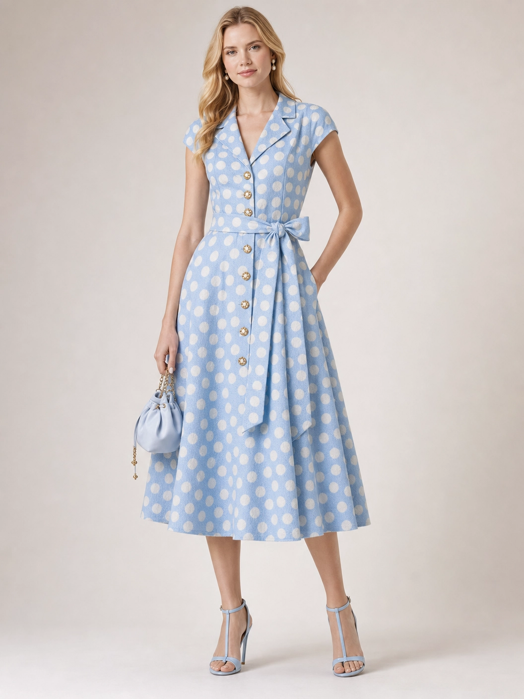 AI-generated styling inspiration for Periwinkle and white dot cotton cloque, $79/yd