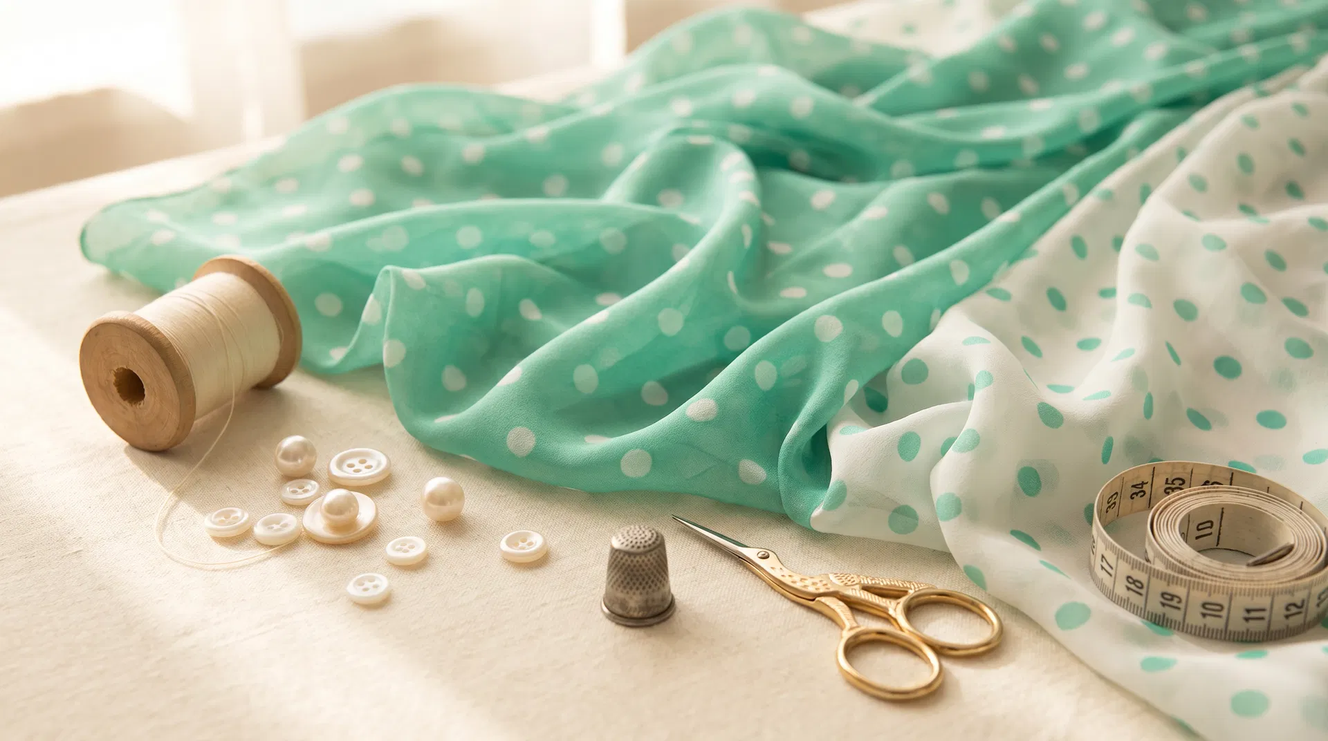 Spring 2026 — Exquisite Fabrics collection of pastel silks, cottons, and notions
