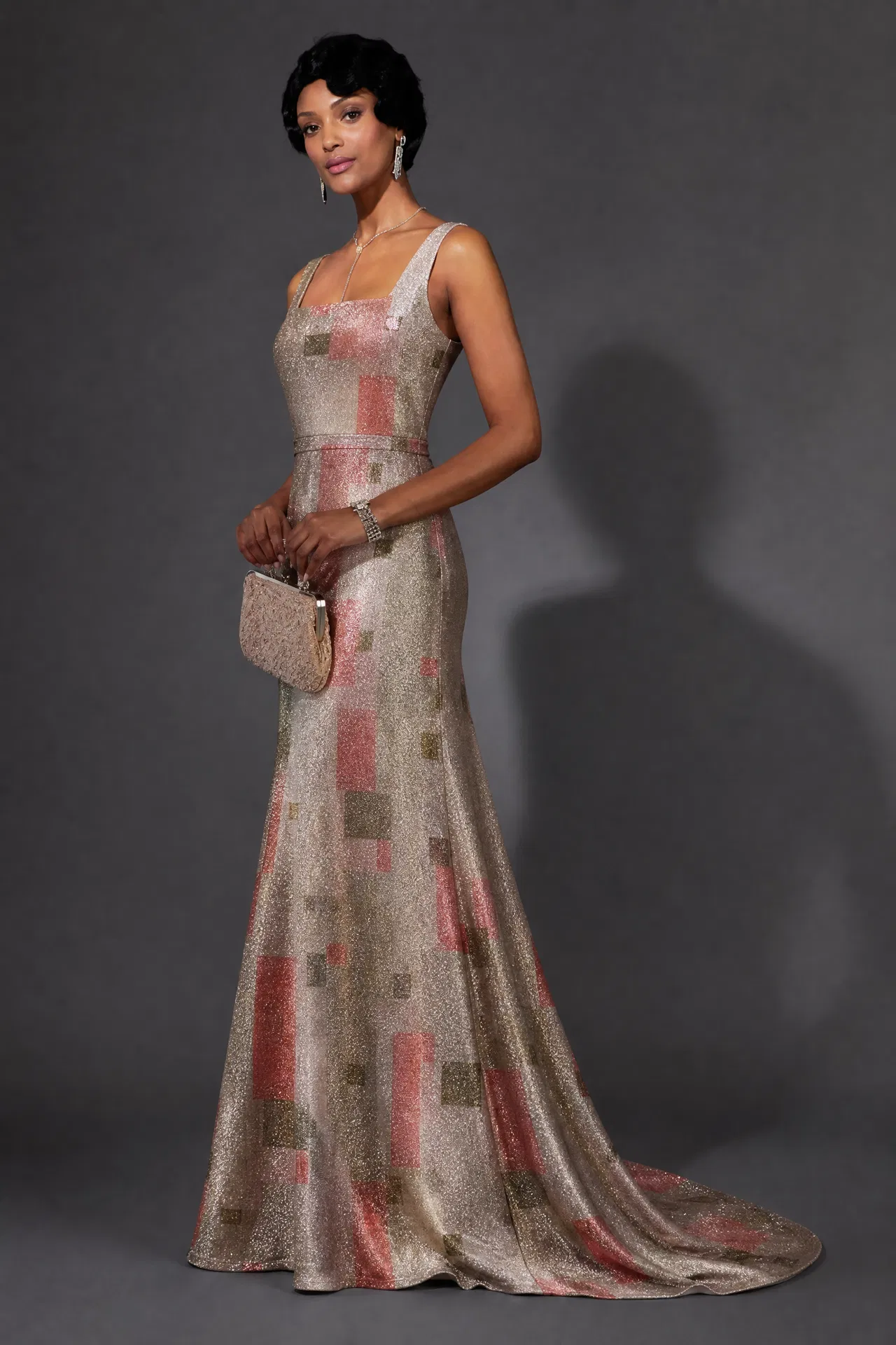 AI-generated styling inspiration for Beige and multicolor with silver lurex evening fabric - $98/yd
