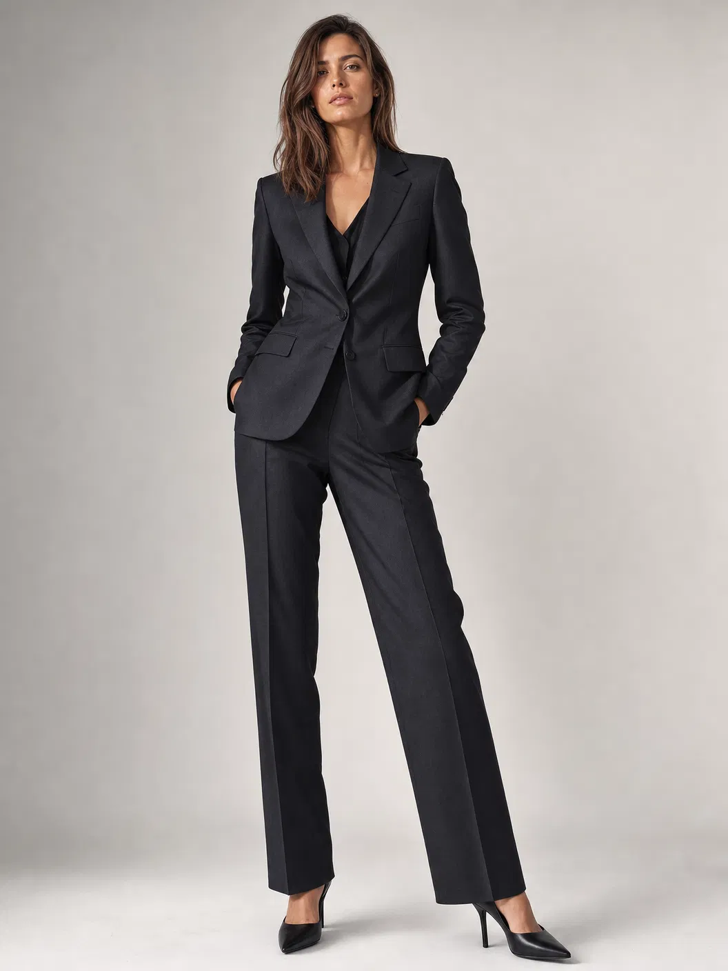 AI-generated styling inspiration for Wool with cashmere textured suiting, black or gray