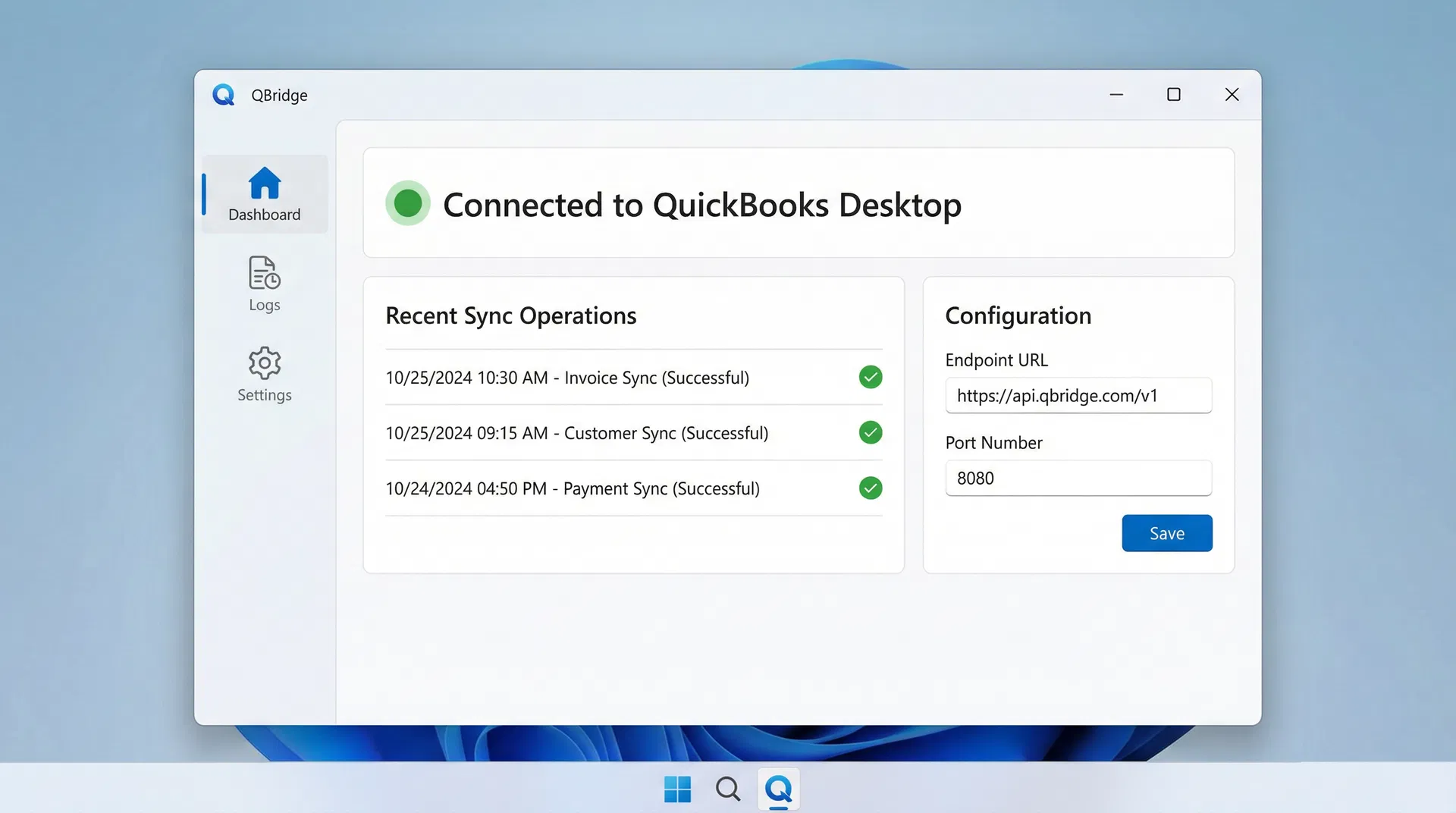 QBridge application dashboard showing connected status