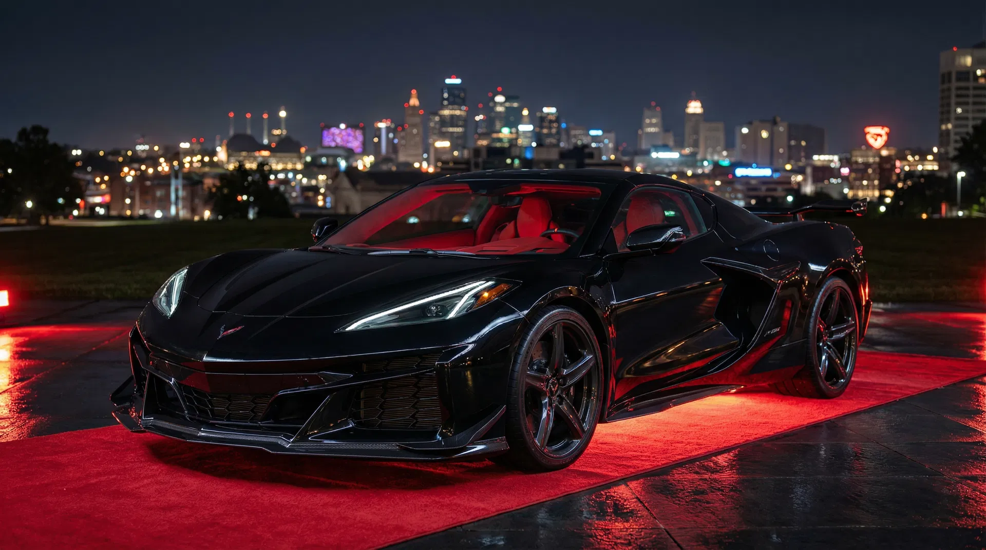 2026 Corvette Z06 on red carpet with Kansas City skyline at night