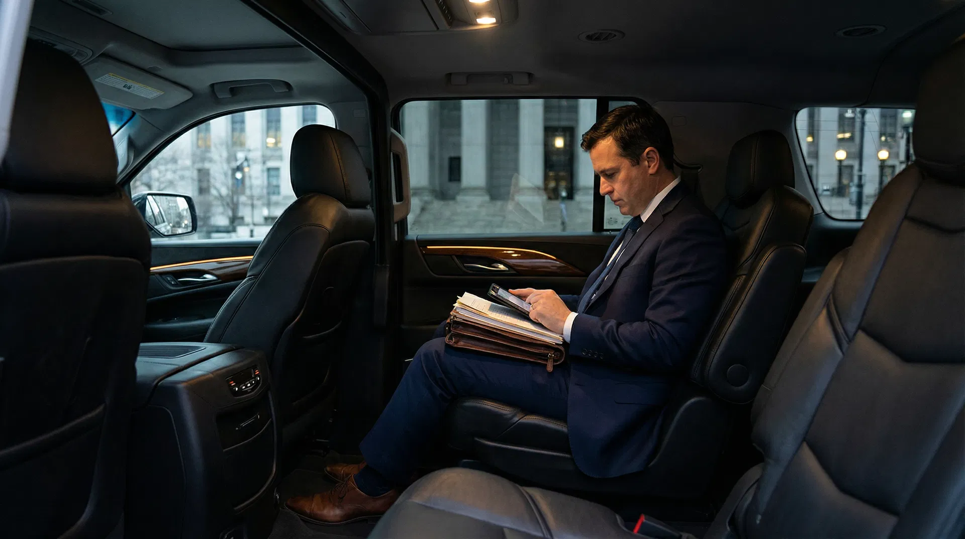 Attorney reviewing case files in luxury black car interior