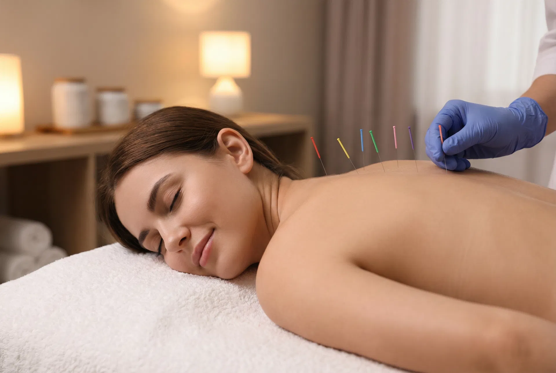 Woman receiving acupuncture treatment