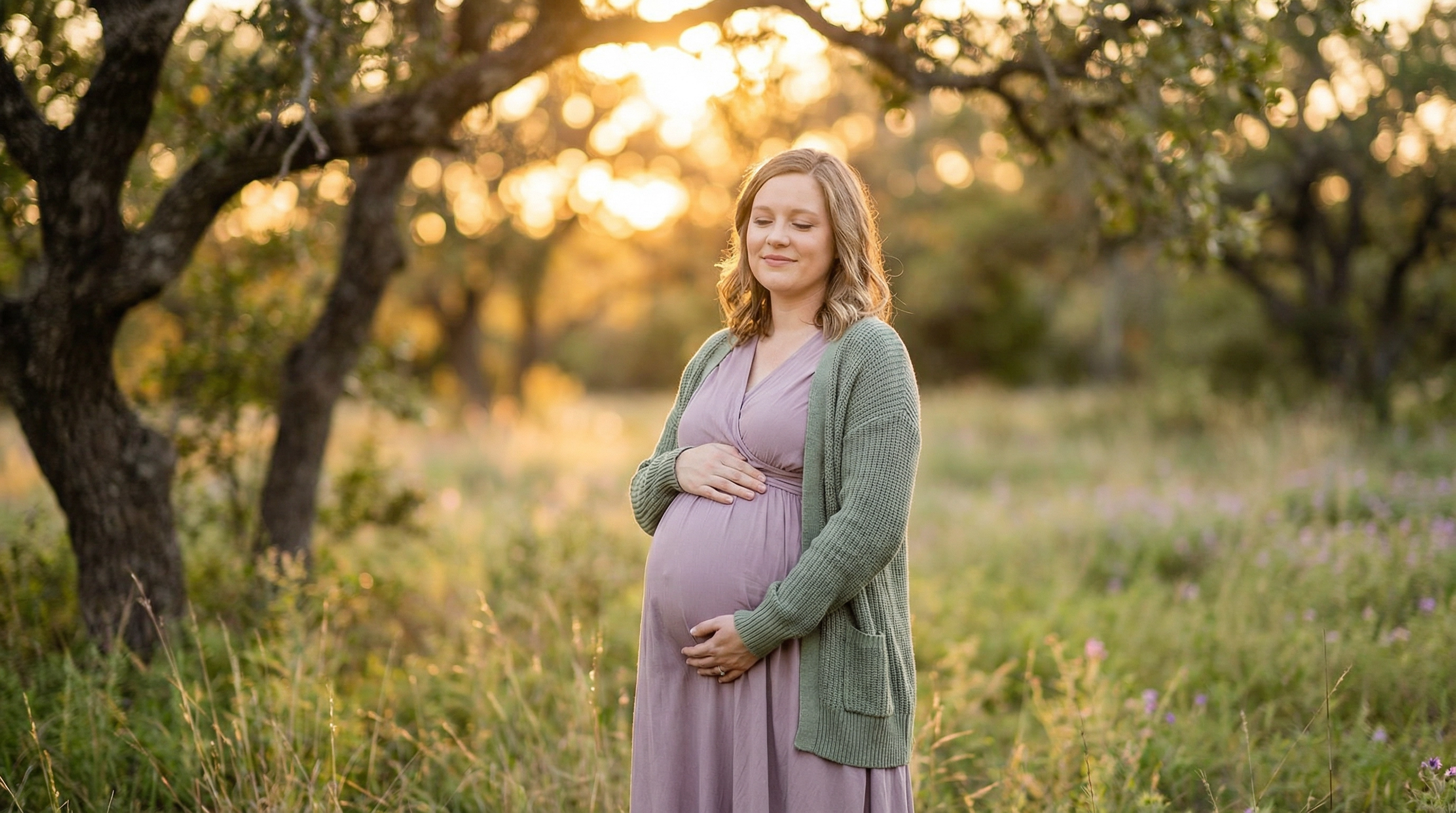 Pregnant woman in peaceful Hill Country setting near Barton Creek