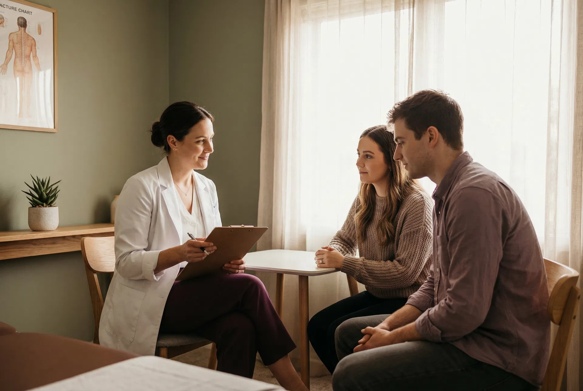 Couple consulting with fertility acupuncture practitioner