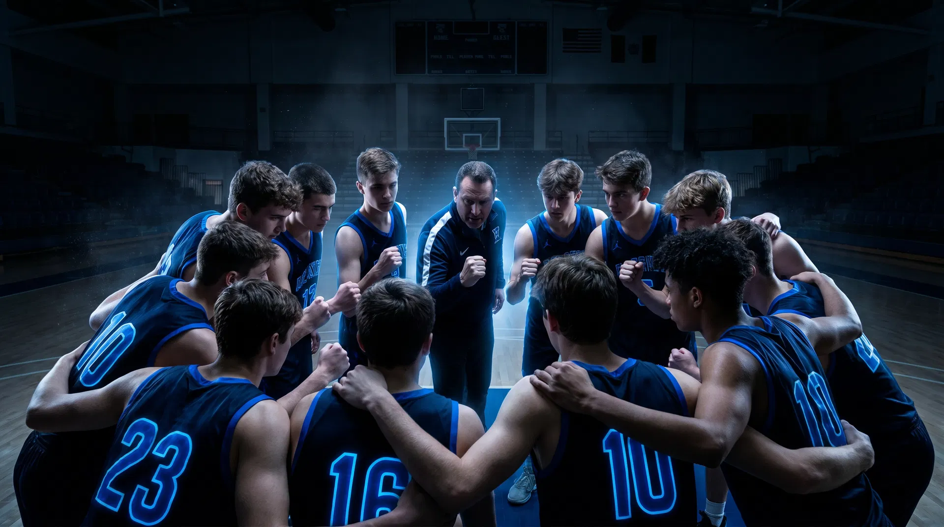 OTP Boys basketball team huddle