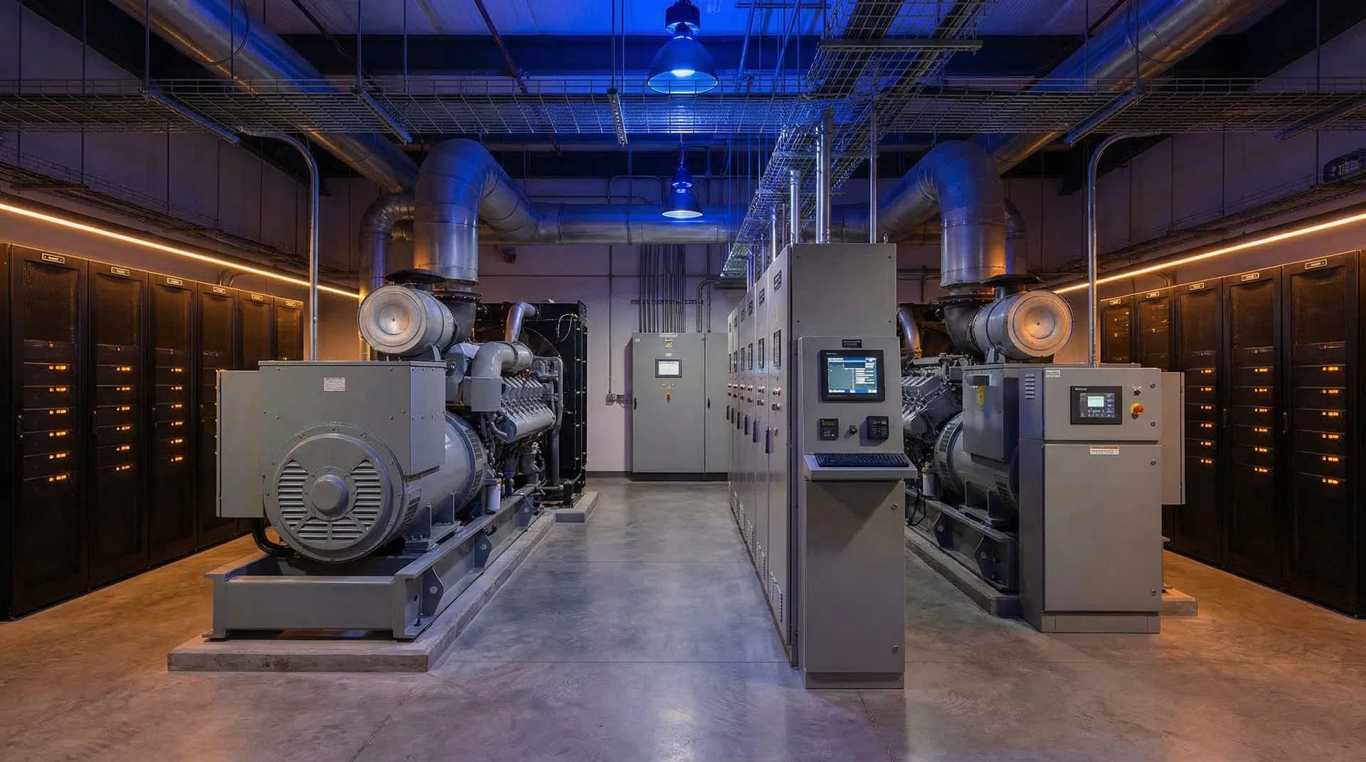 Backup power generation facility with generators and UPS systems