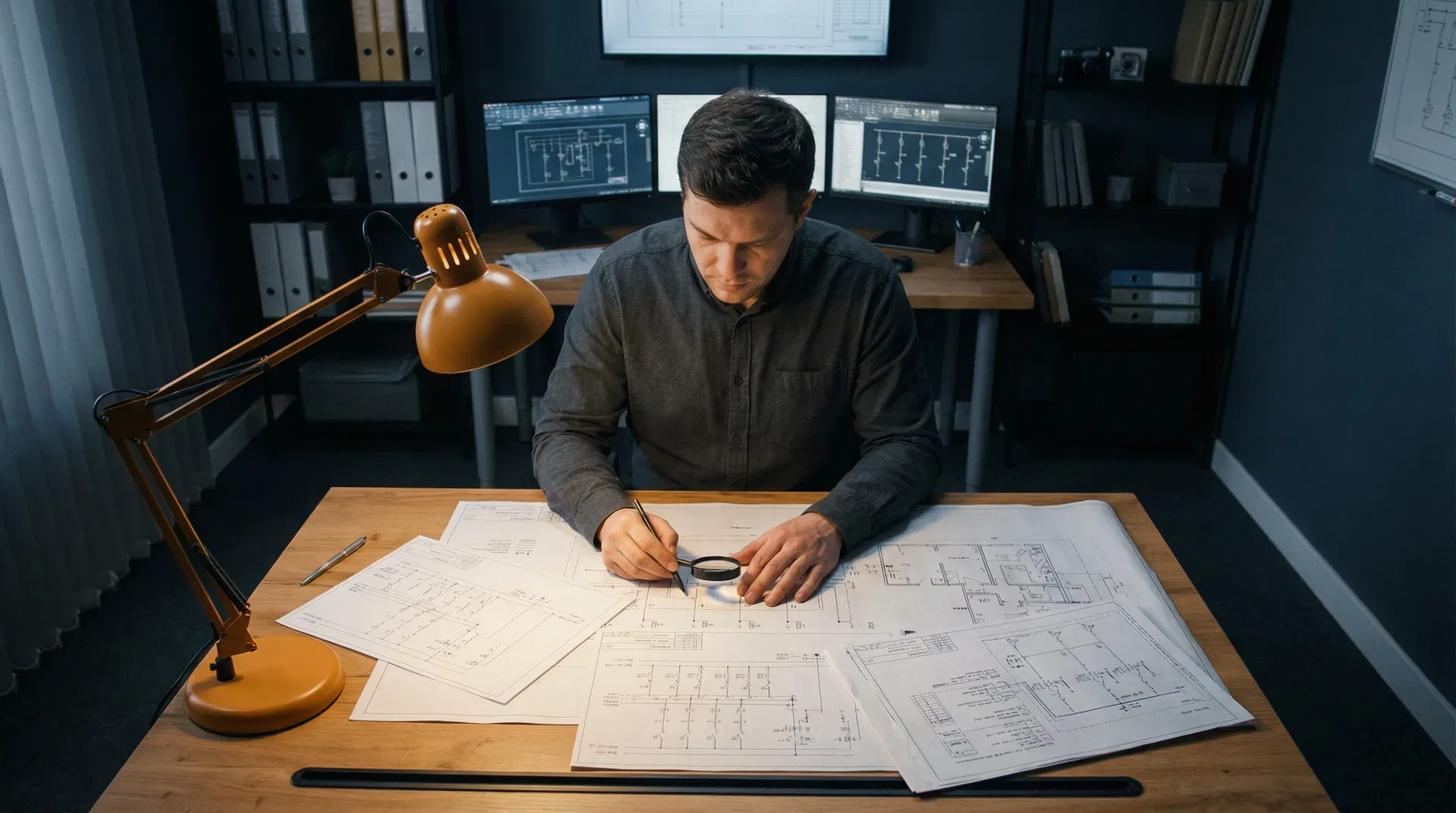 Electrical engineer reviewing blueprints