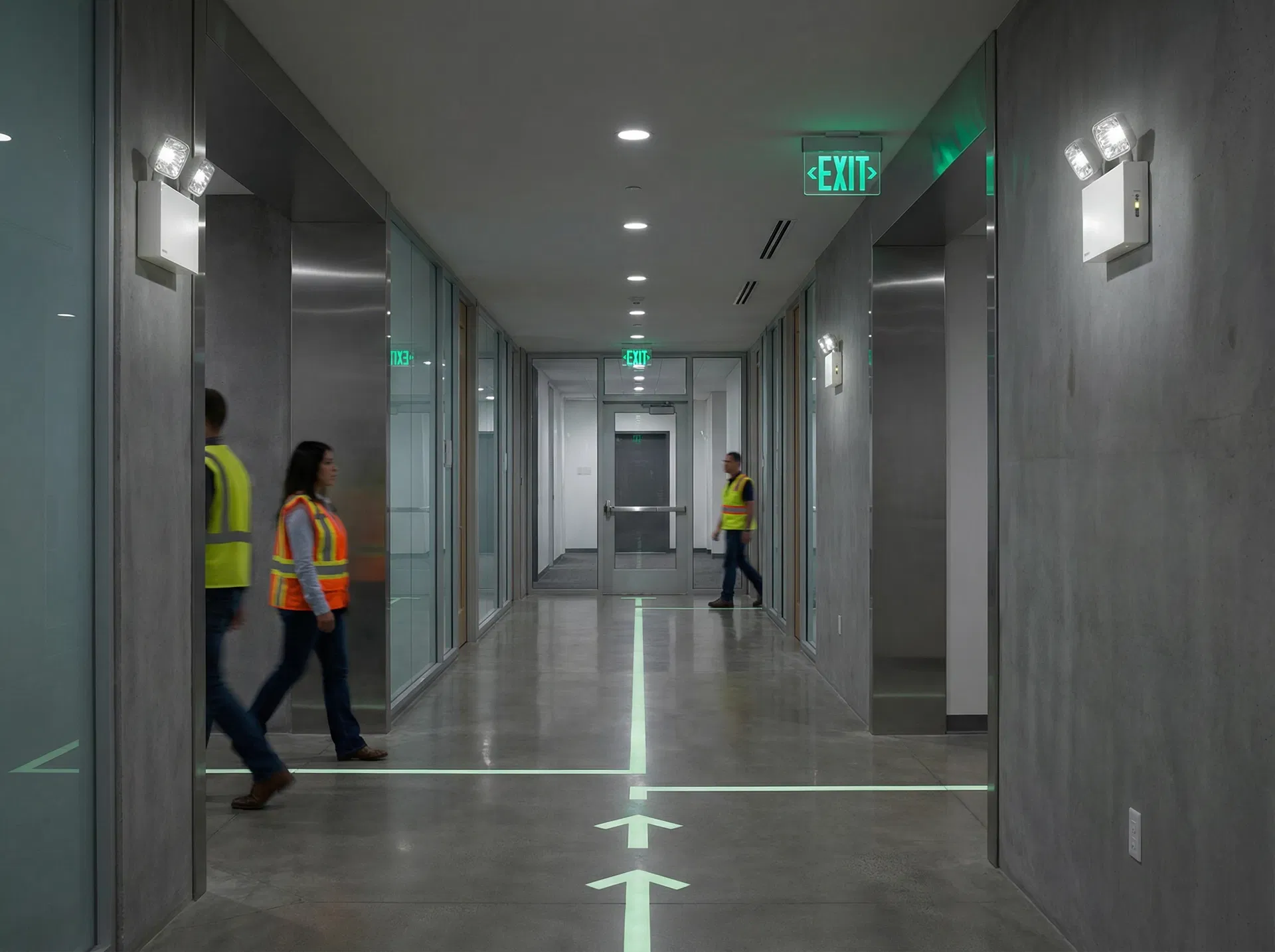 Emergency exit signage and egress lighting in commercial building corridor