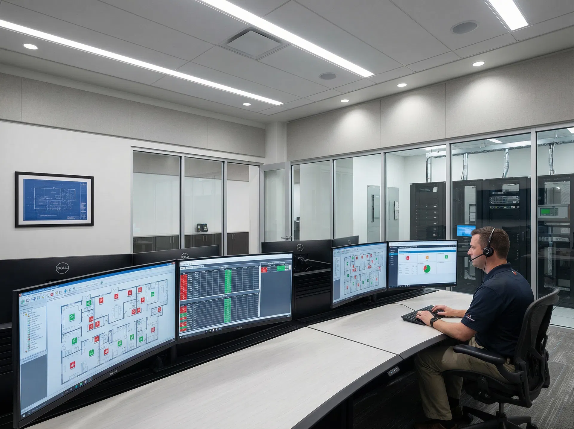 Fire alarm monitoring command center with building floor plans and status displays