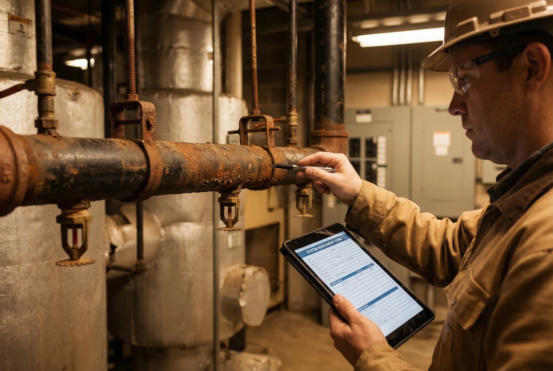 Engineer inspecting aging fire sprinkler piping with tablet for condition assessment