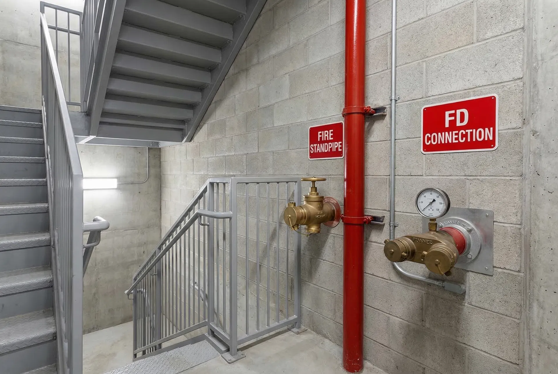 Fire standpipe riser with hose valve connection and FD connection in a stairwell