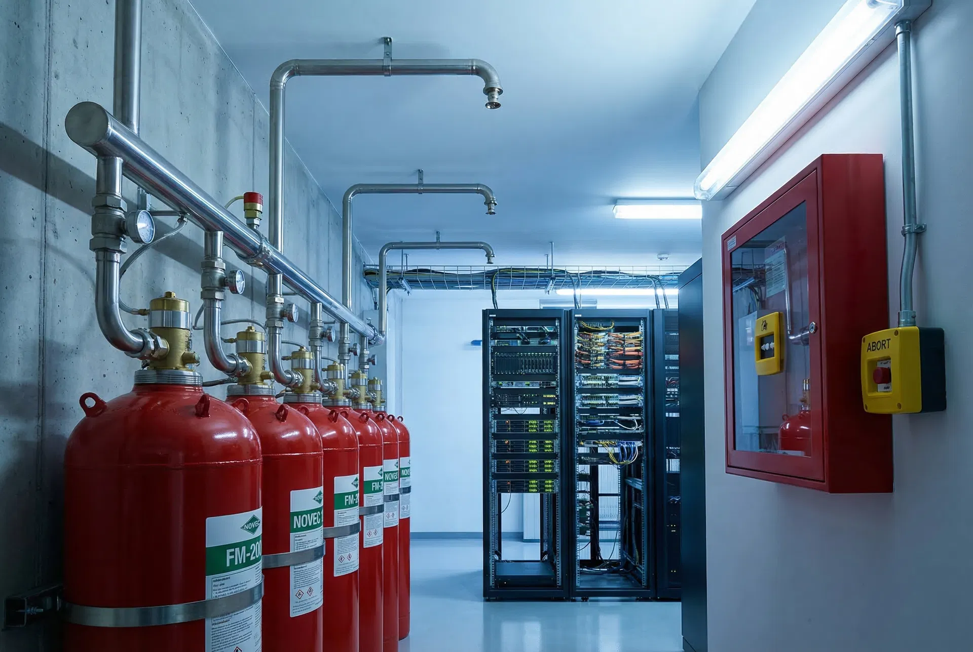 Clean agent FM-200 fire suppression cylinders with manifold piping in a server room