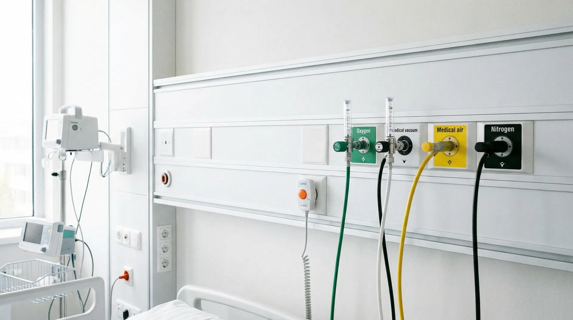 Color-coded medical gas outlet stations on hospital patient room headwall