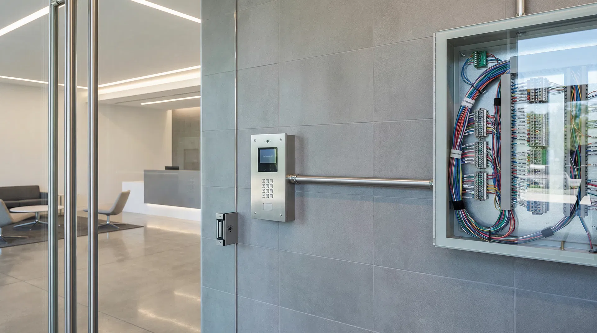 Building access control system with card reader and control panel