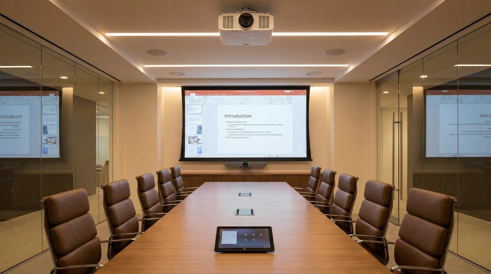 Modern conference room with integrated audio/visual systems