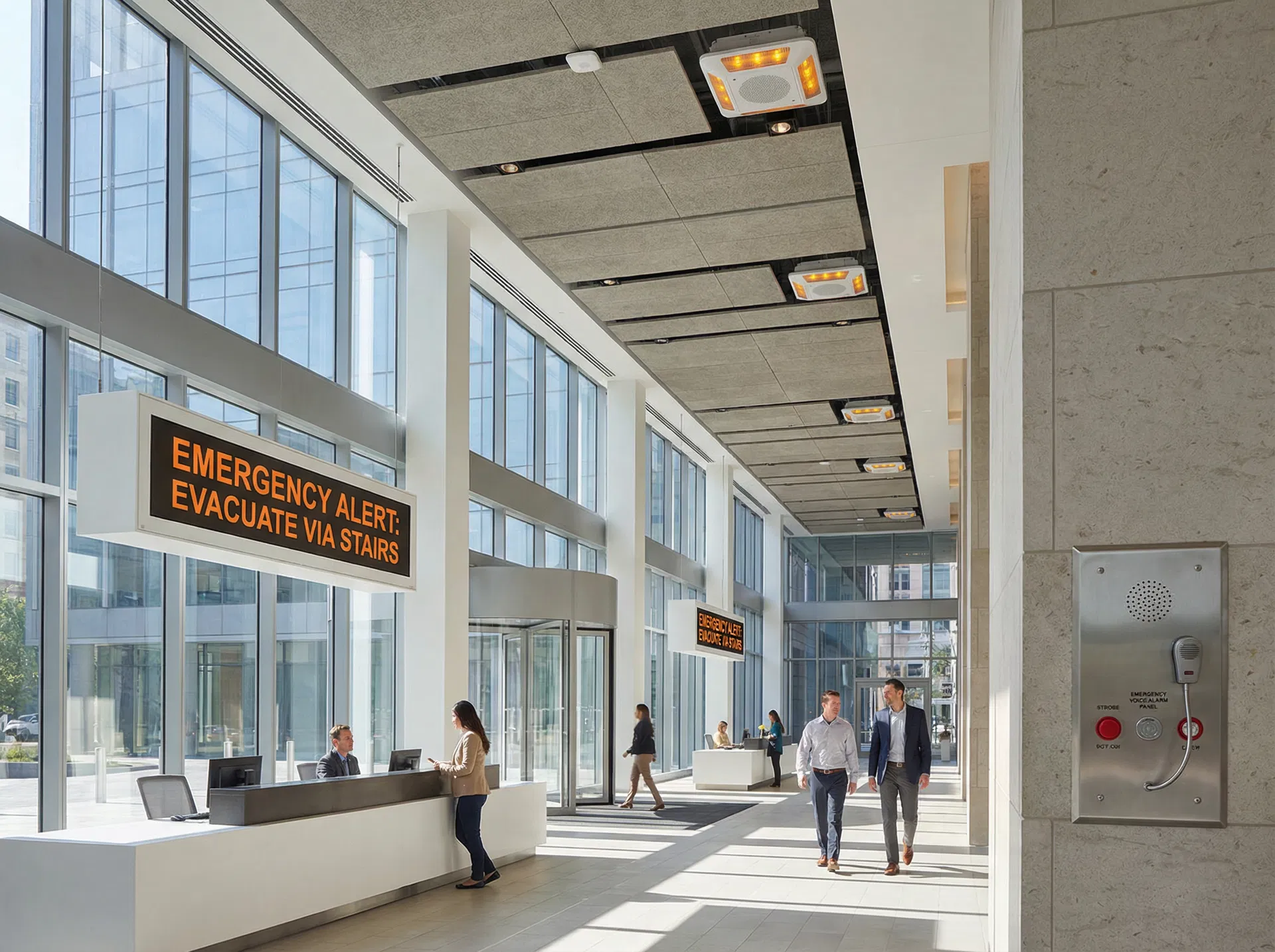 Mass notification system with digital displays and emergency communication panels