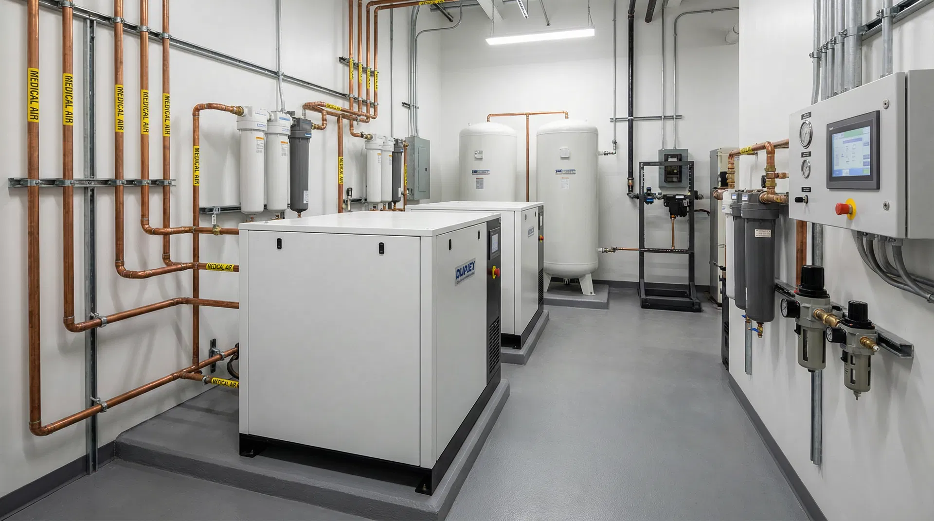 Duplex oil-free medical air compressor system with dryers, filters, and receiver tanks