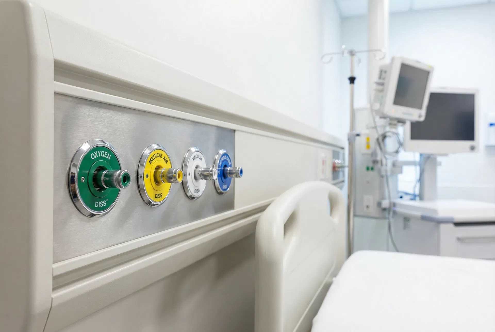 Color-coded medical gas outlet stations on hospital patient room headwall