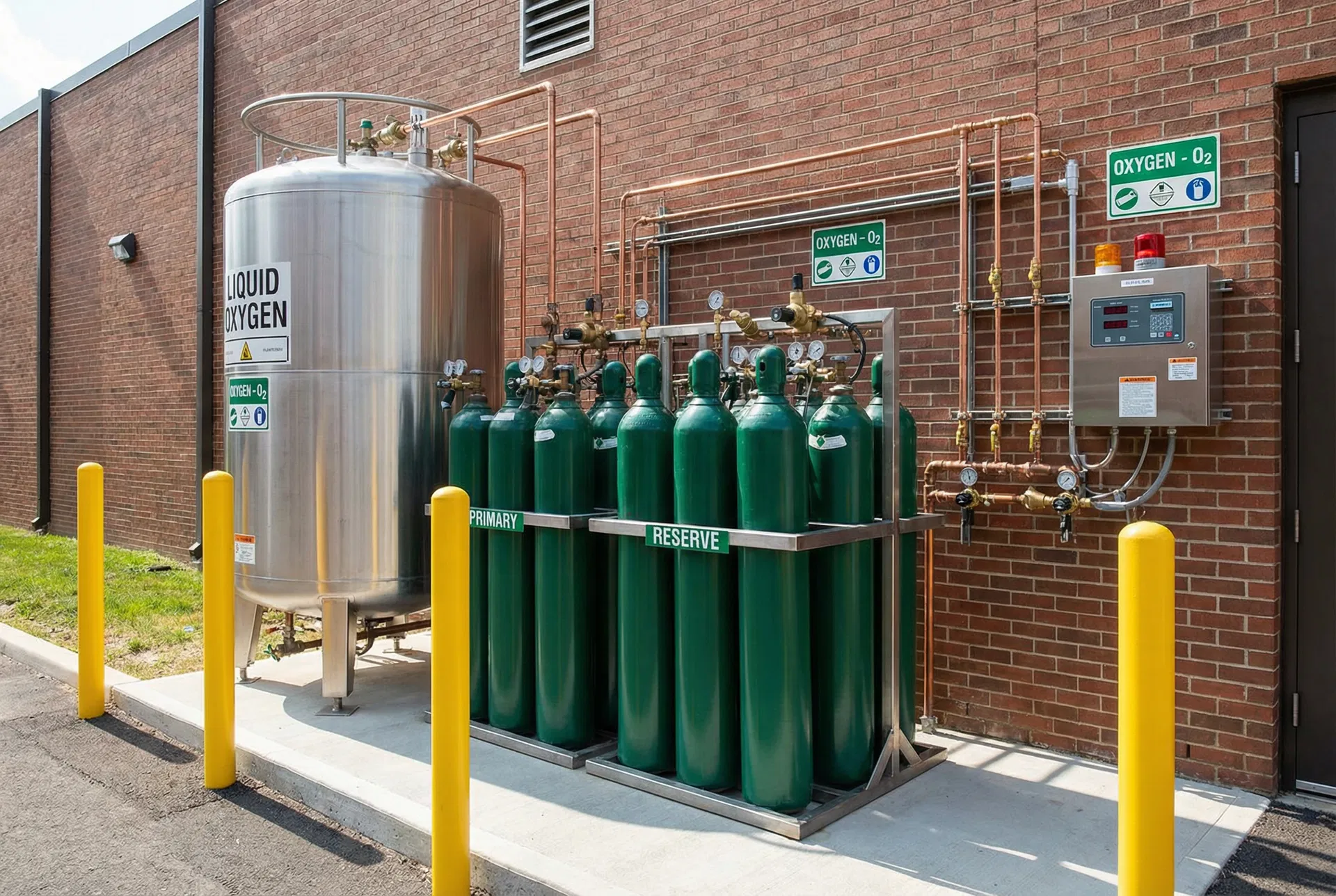 Bulk oxygen storage tanks and manifold system for hospital medical gas supply