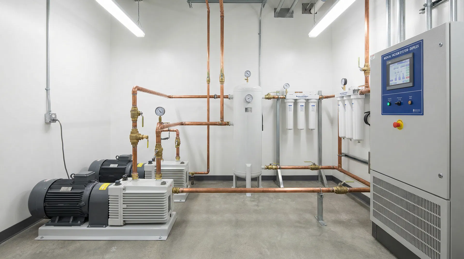 Duplex medical vacuum pump system with receivers and bacterial filters