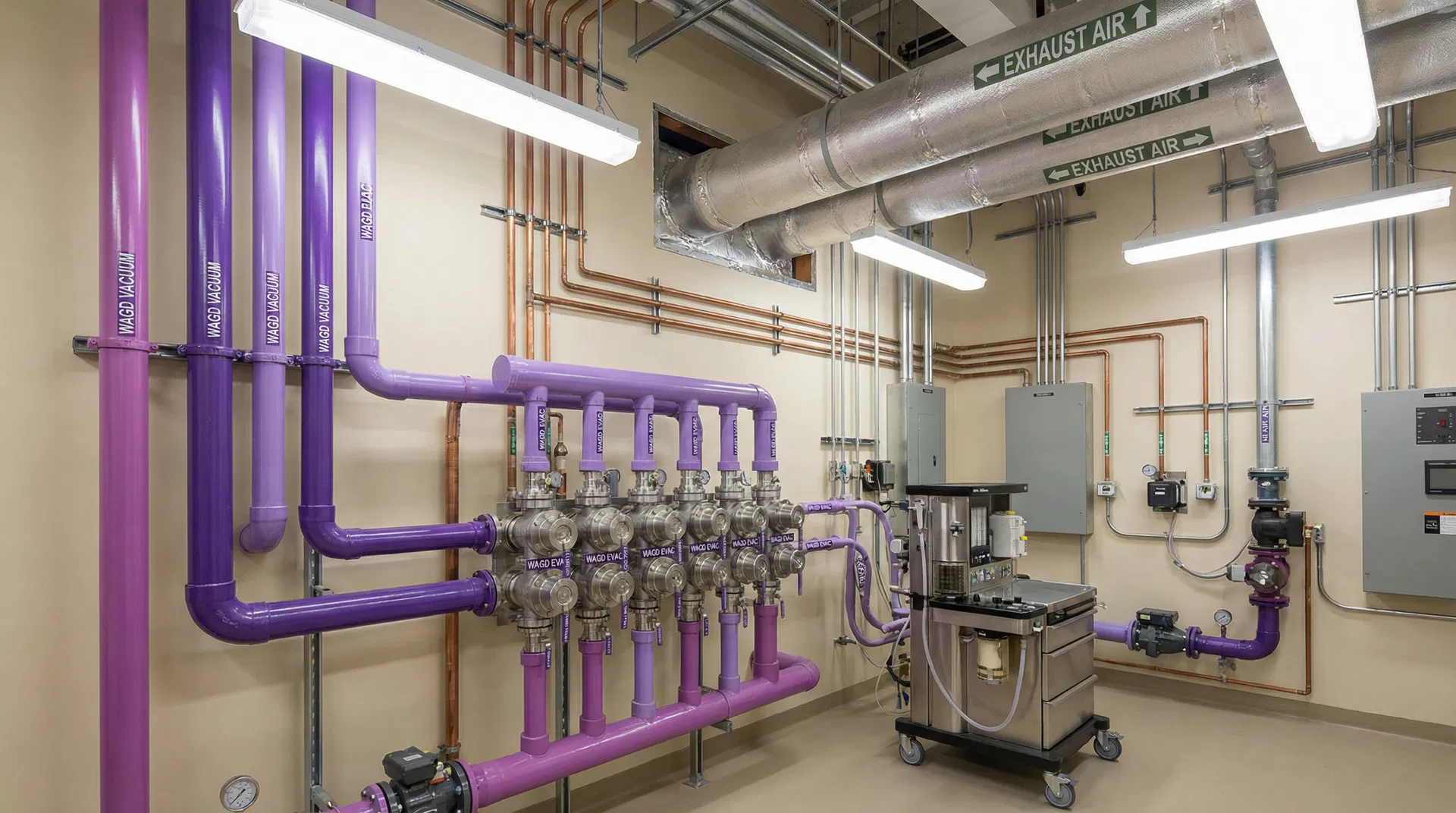 Waste anesthetic gas disposal system with purple WAGD piping and scavenging interface valves