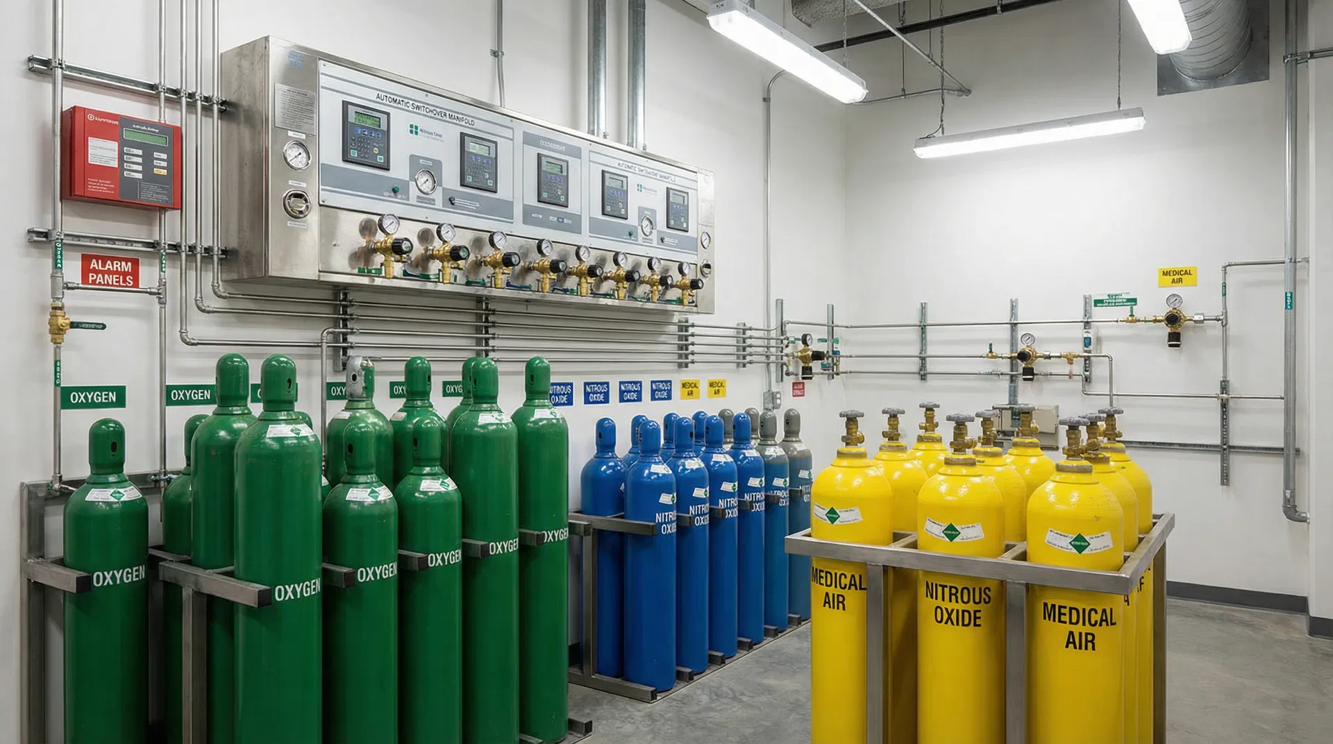 Medical gas manifold room with oxygen, nitrous oxide, and medical air cylinder banks
