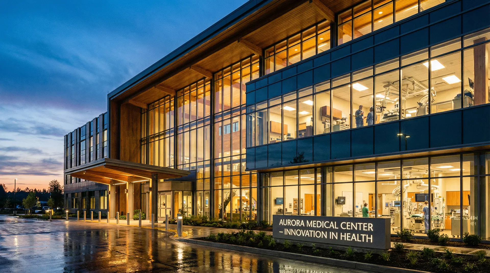 Modern healthcare facility at twilight showcasing advanced medical infrastructure