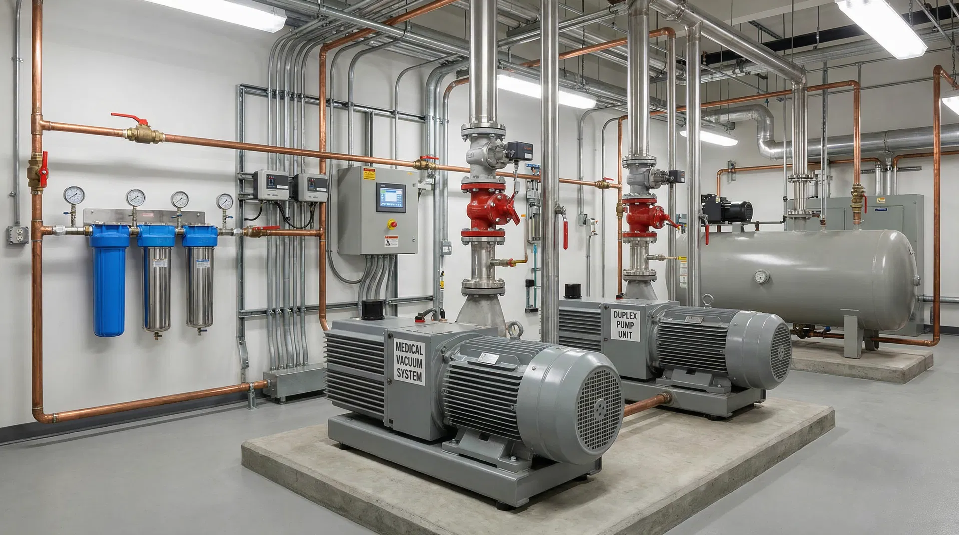 Duplex medical vacuum pump system with receivers and bacterial filters