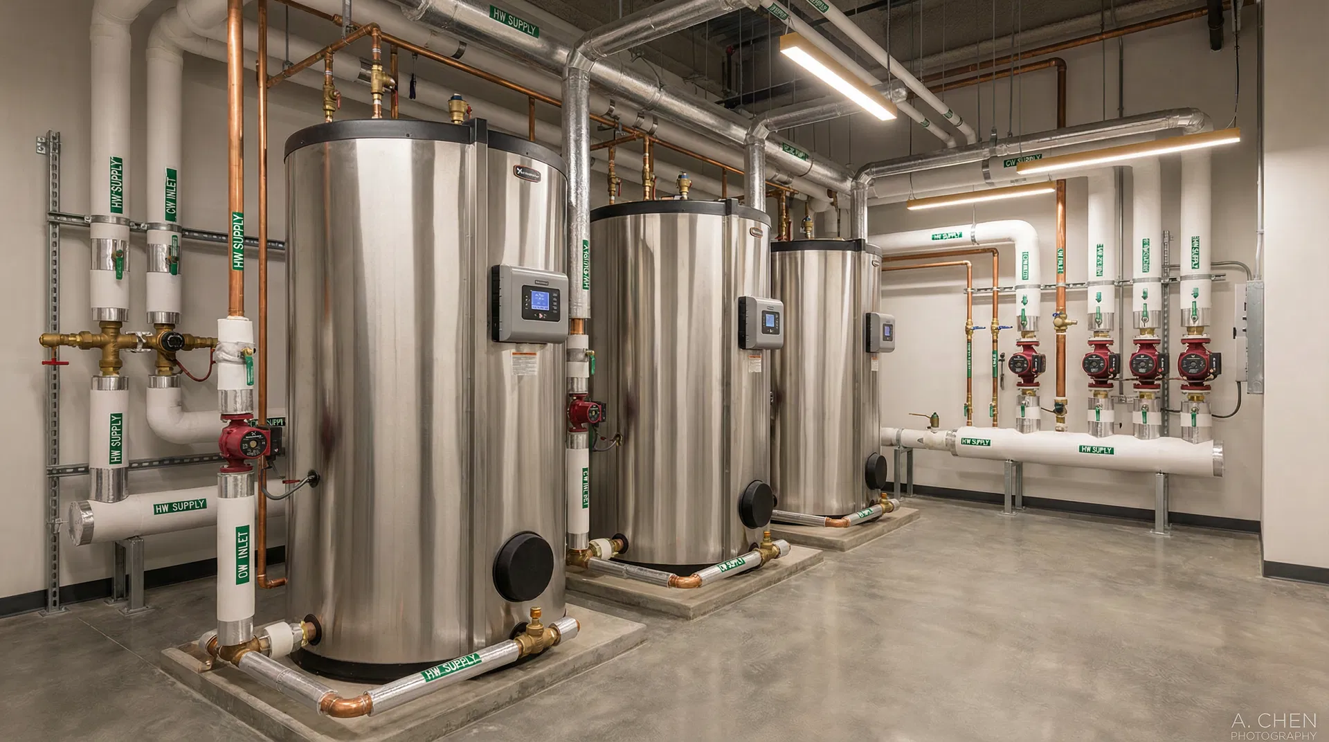 Commercial hot water generation system with storage tanks and recirculation pumps