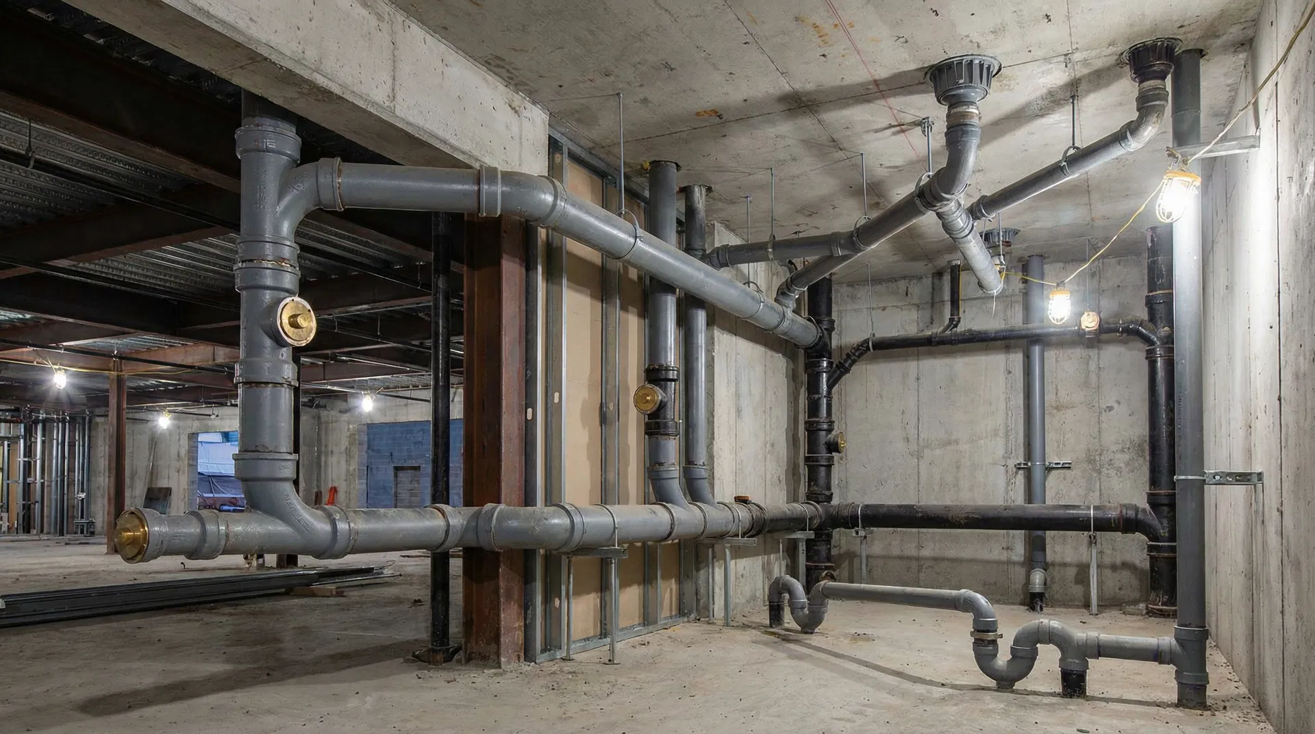 Commercial sanitary drainage system with cast iron waste piping and vent stacks