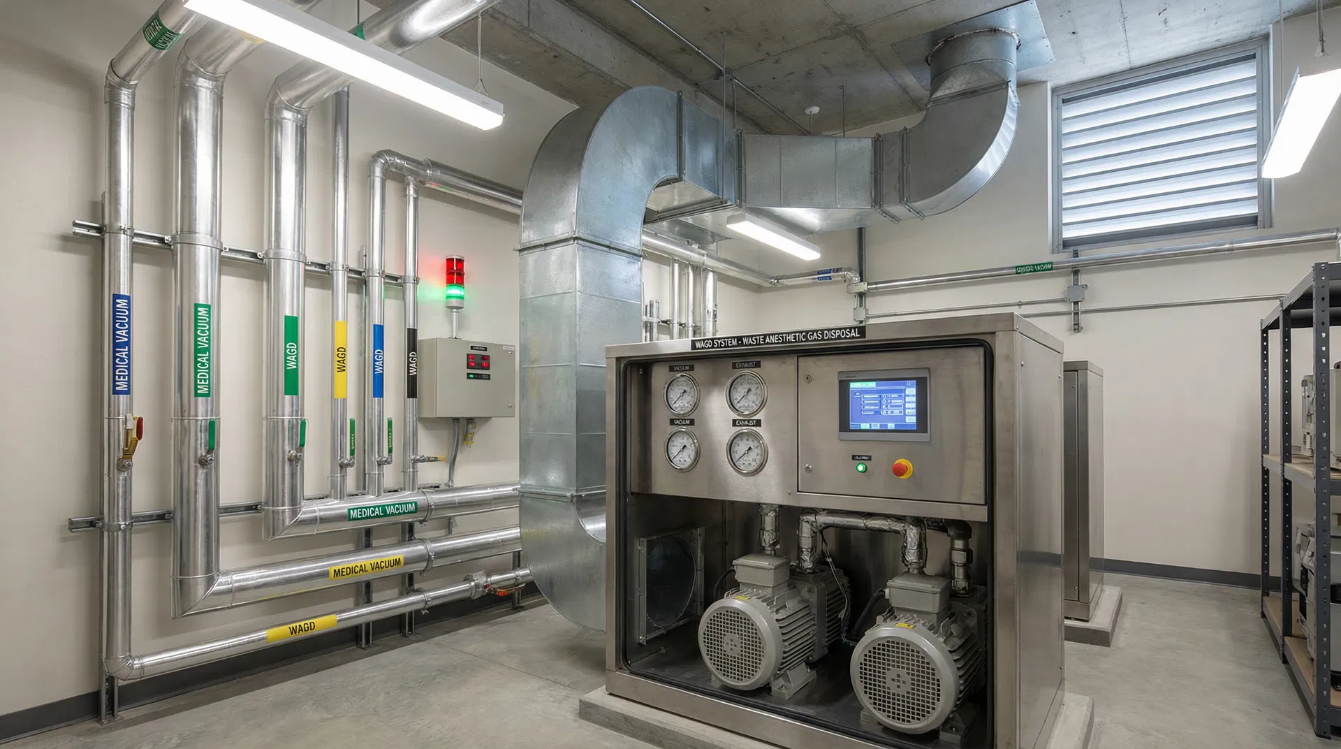 WAGD system with vacuum pumps and exhaust ductwork in hospital mechanical room