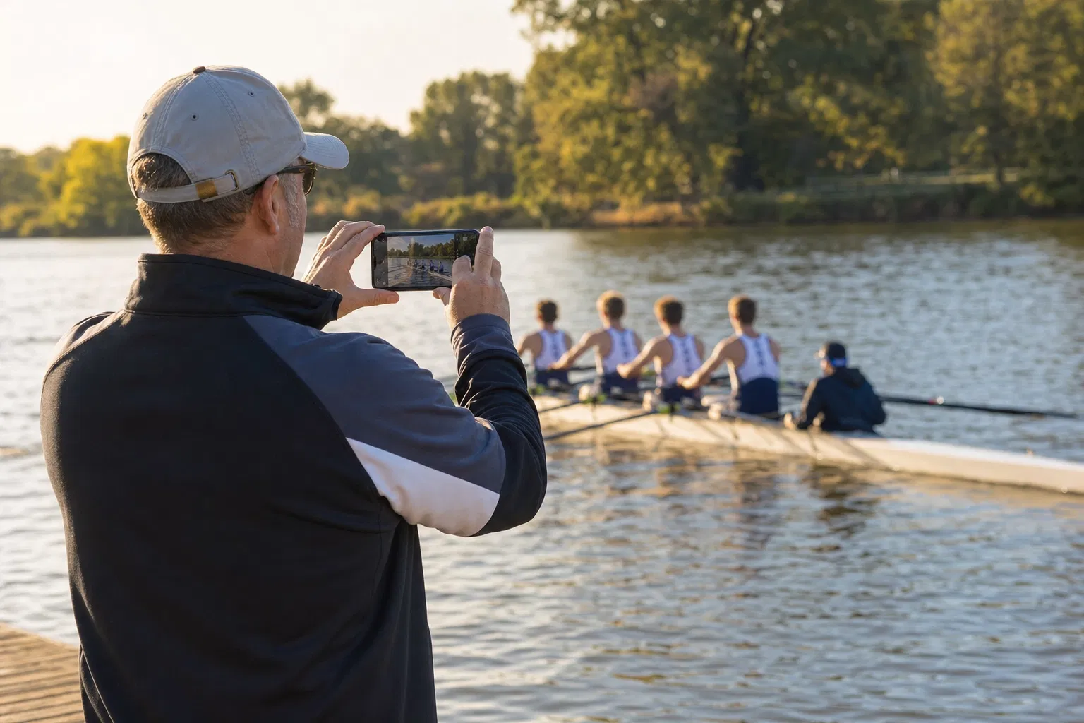 Rowing coach watching athletes on the water