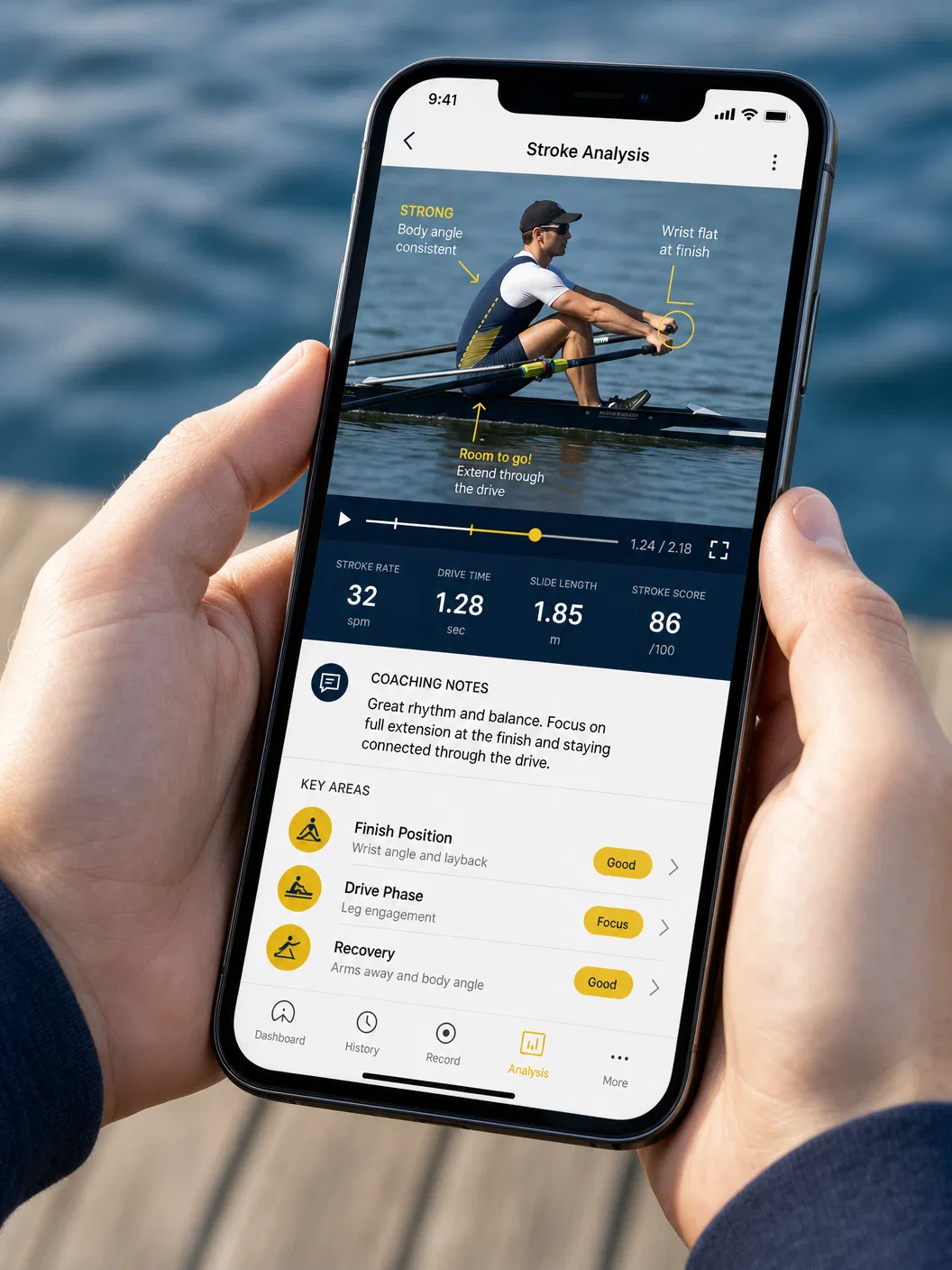 Krew Koach app showing stroke analysis