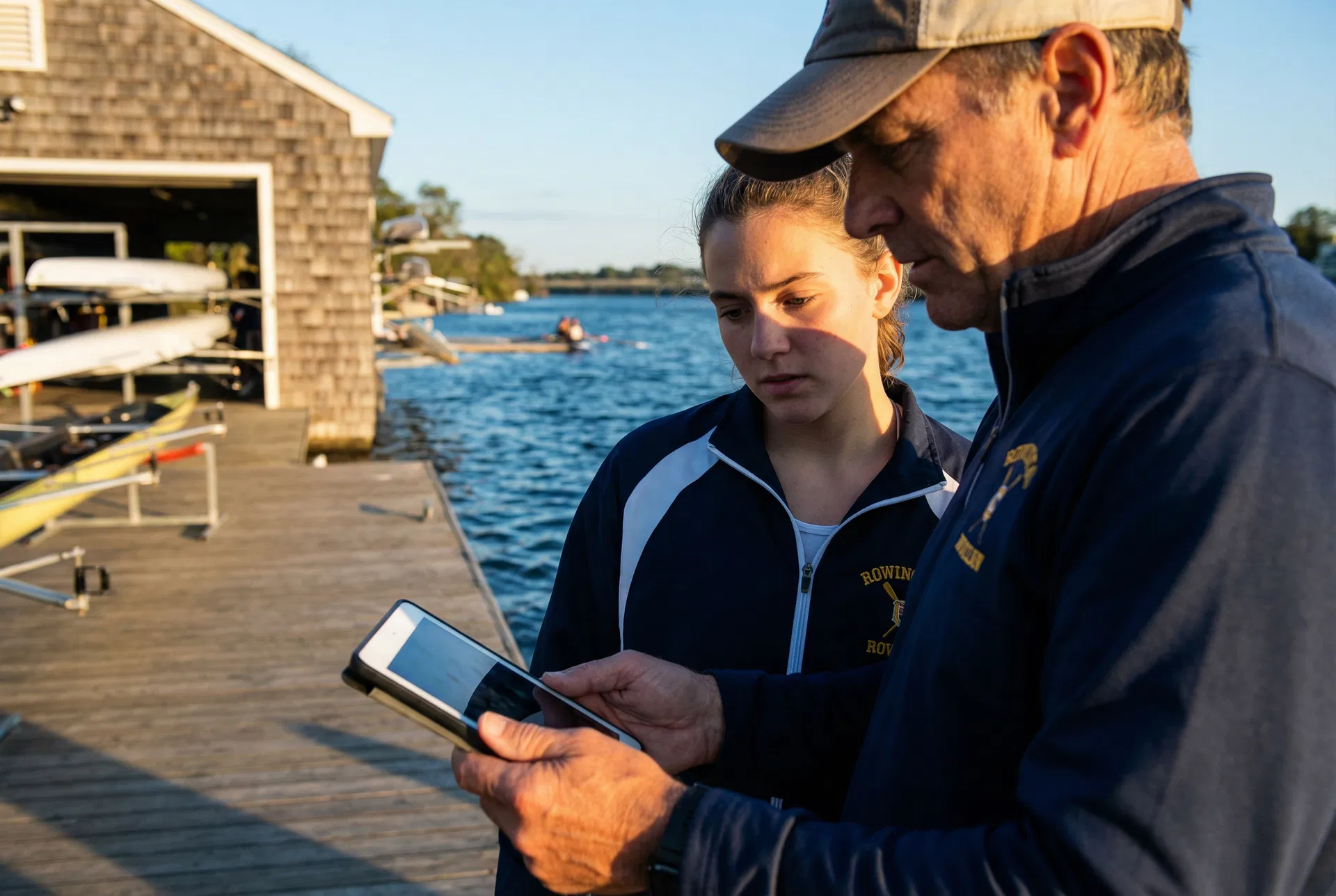 Coach and athlete reviewing video on dock