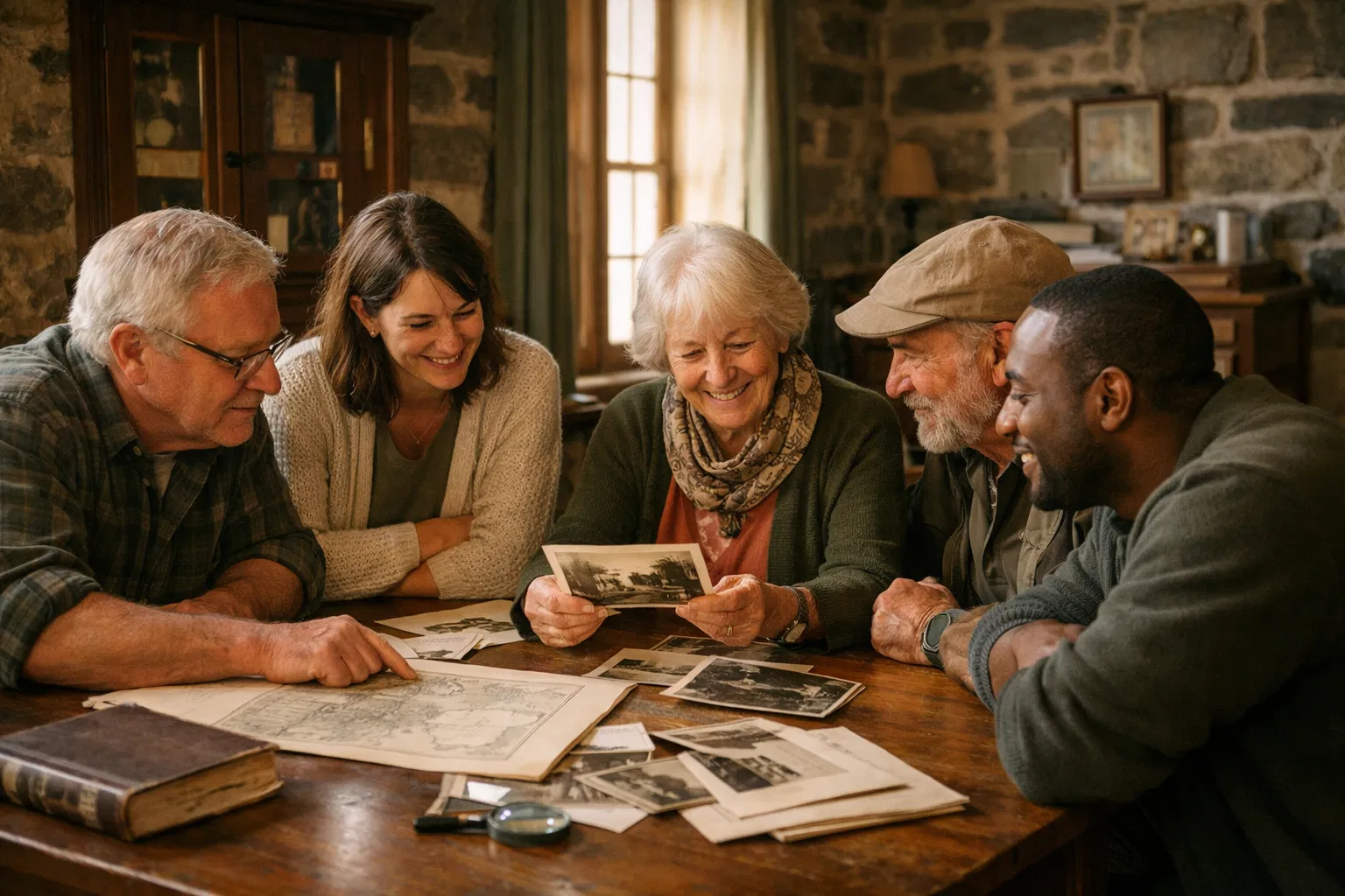 Membres de la Corporation Château Logue réunis autour de documents historiques