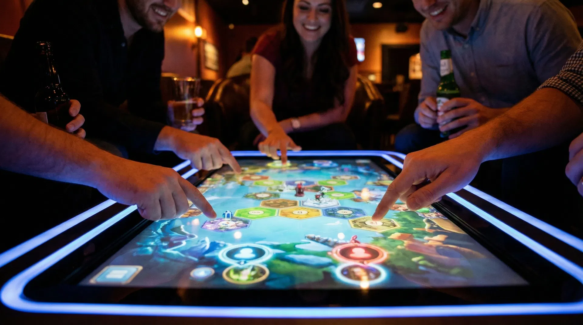 Gosti igraju multiplayer igre na FUNTABLE interaktivnom gaming stolu u baru