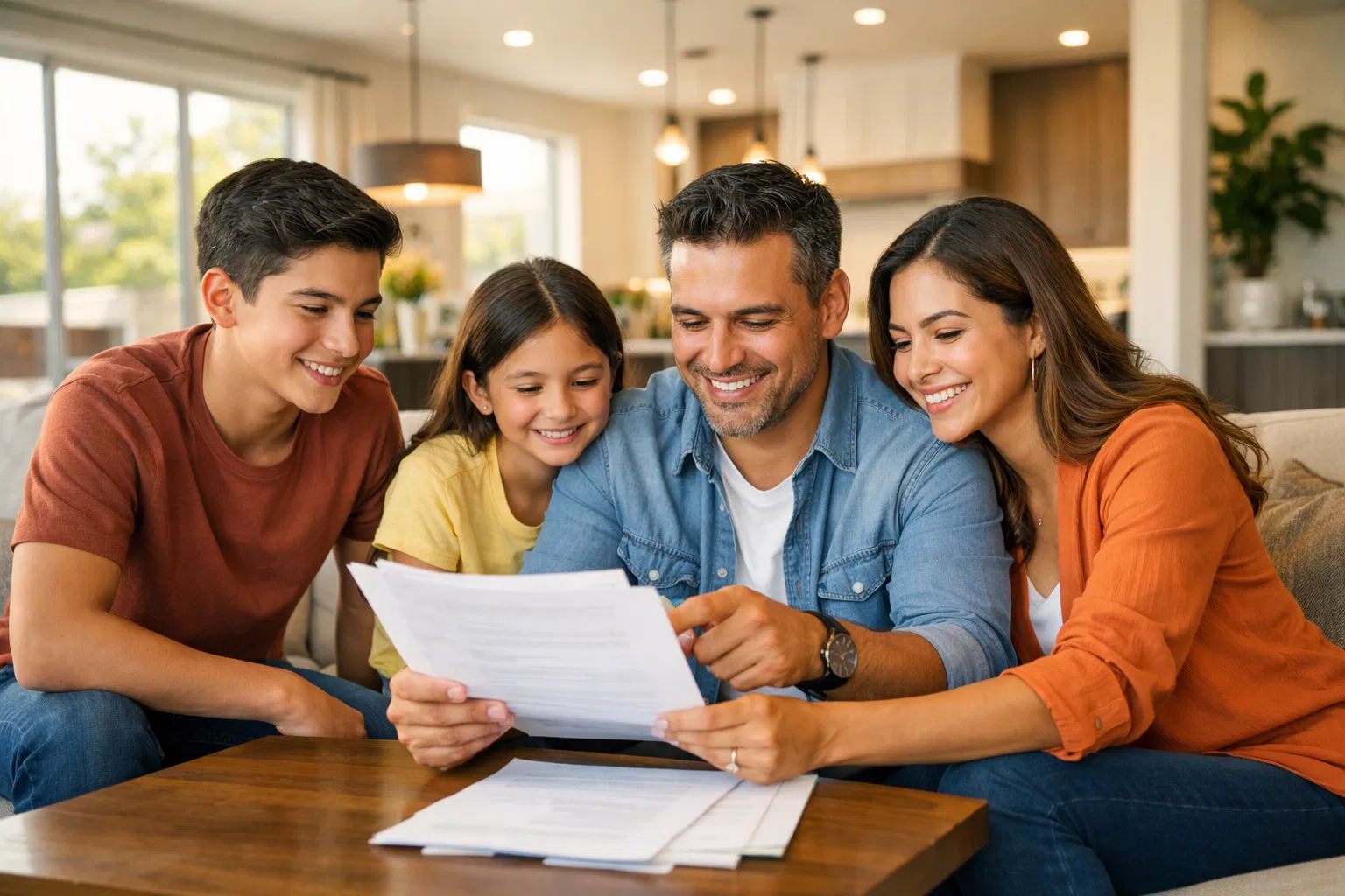 Familia latina feliz en su hogar