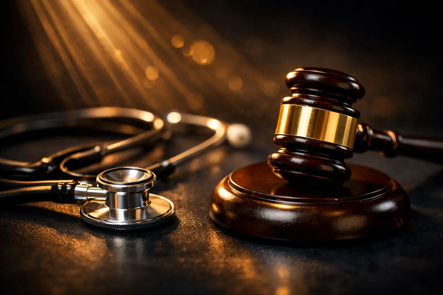 Estetoscópio e martelo da justiça — símbolo do Direito Médico